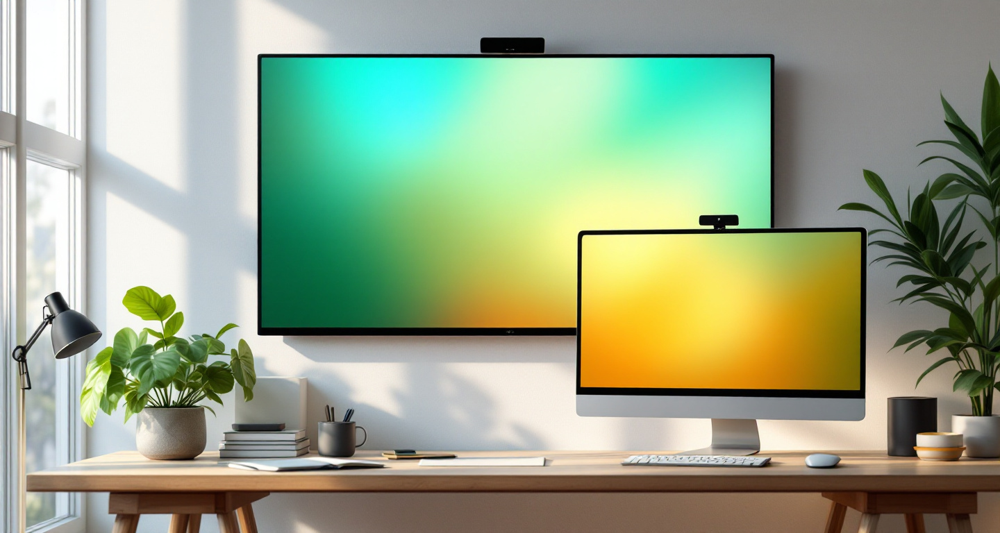 A wall-mounted display and a desktop monitor showing abstract color gradients in a daylit workspace